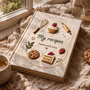 Hand embroidered recipe book featuring strawberries, cupcakes, cakes, cookies, whisks and baking tools on a linen cover.