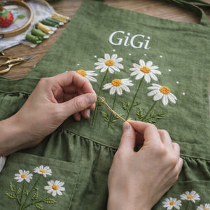 Personalized hand embroidered linen apron featuring white daisy flowers, botanical foliage, custom name embroidery, and floral pocket details.