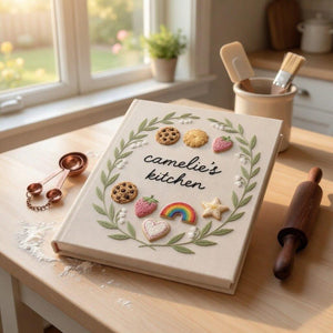Hand embroidered recipe book featuring cookies, strawberries, rainbow cookie, heart cookie and floral wreath on linen cover.