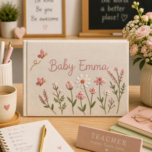 Personalized butterfly wildflower hand embroidered linen notebook with pink flowers and custom name