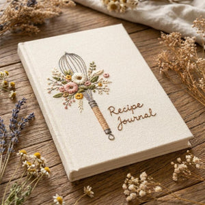 Hand embroidered recipe book featuring a vintage whisk decorated with wildflowers, wheat stems and botanical cottagecore details on a linen hardcover notebook.