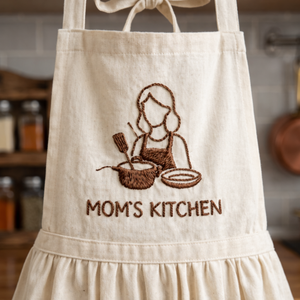 Personalized Mom's Kitchen hand embroidered linen apron featuring kitchen-inspired embroidery design, cooking apron for women, baking apron, farmhouse kitchen gift.