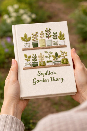 Personalized hand embroidered garden journal featuring decorative potted plants, botanical shelves, indoor greenery and houseplant themed embroidery on linen cover.