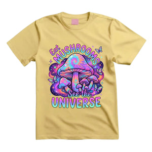 Eat Mushrooms See The Universe T Shirt Psychedelic Tie Dye Mushroom Graphic Tee Trippy Galaxy Mushroom Shirt Groovy Hippie Shirt Gift For Mushroom Lovers