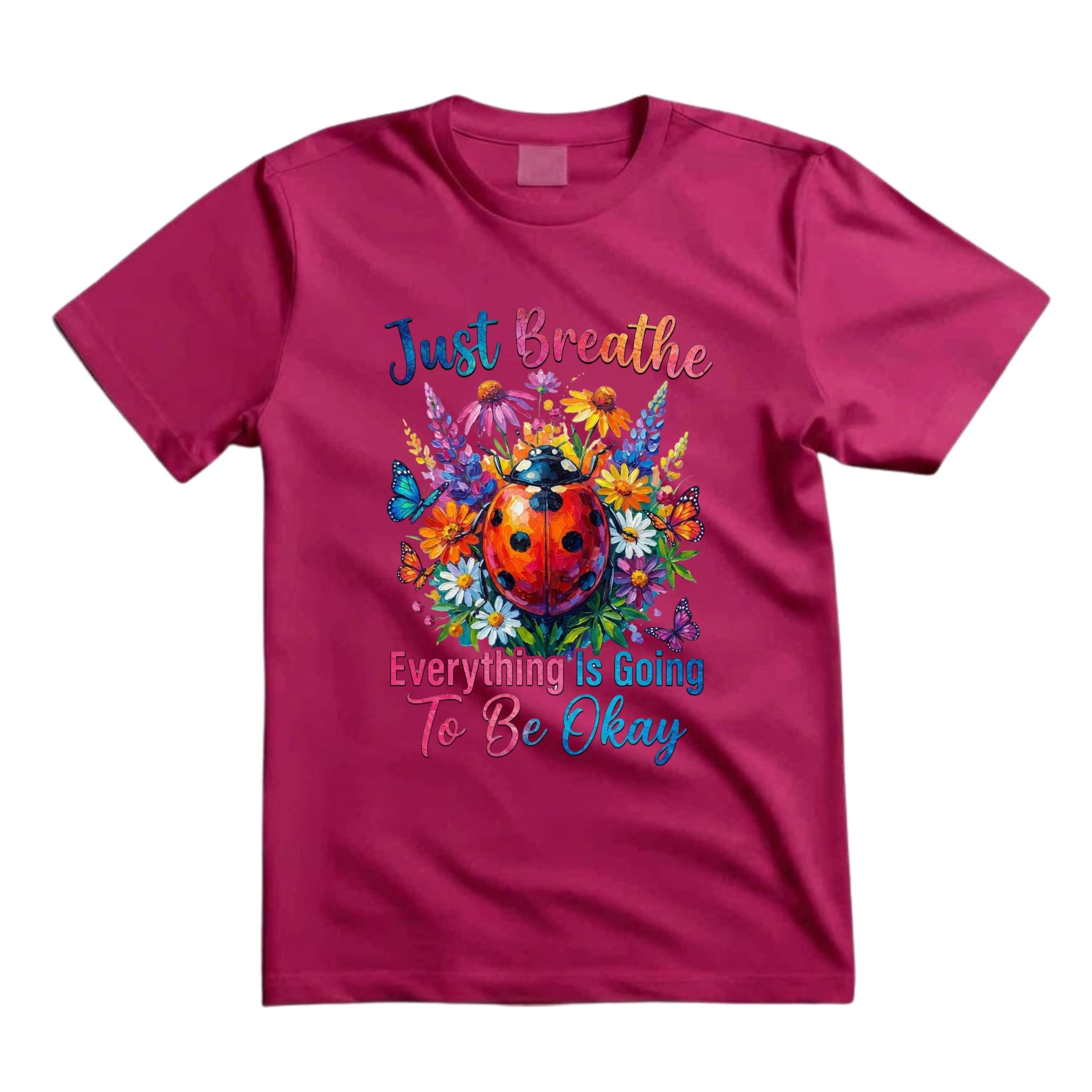 Just Breathe Everything Is Going To Be Okay T Shirt Floral Ladybug Graphic Tee Inspirational Butterfly Shirt Boho Wildflower Shirt Positive Vibes Shirt Gift For Nature Lovers