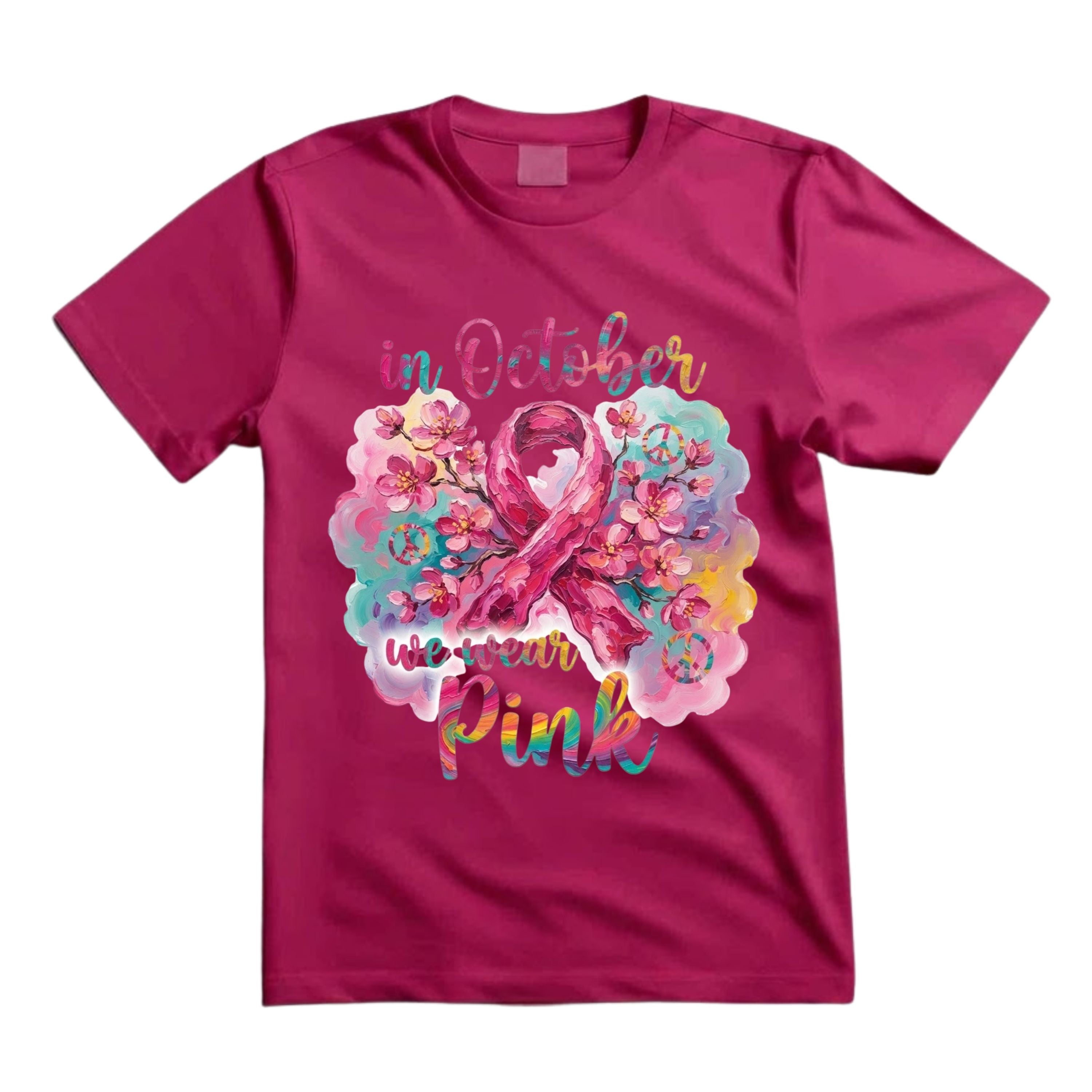 In October We Wear Pink T Shirt Breast Cancer Awareness Graphic Tee Floral Pink Ribbon Shirt Boho Cherry Blossom Shirt Hippie Awareness Shirt Gift For Women