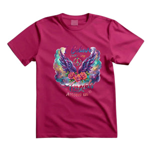 I Believe There Are Angels Among Us T Shirt Hippie Angel Wings Graphic Tee Boho Floral Wings Shirt Psychedelic Peace Sign Shirt Boho Roses Shirt Gift For Hippie Lovers