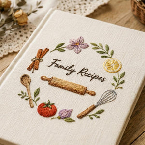 Hand embroidered family recipe book featuring rolling pin, whisk, cinnamon sticks, herbs, flowers and rustic kitchen accents on linen cover.