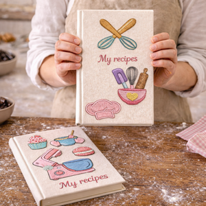 Personalized hand embroidered recipe book featuring a pastel dessert workshop theme with stand mixer, mixing bowls, cupcakes, macarons, oven mitts, and baking accessories.