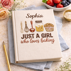 Personalized hand embroidered recipe book featuring baking tools, pantry ingredients, whisk illustrations, and rustic farmhouse baking-themed embroidery on a linen cover.