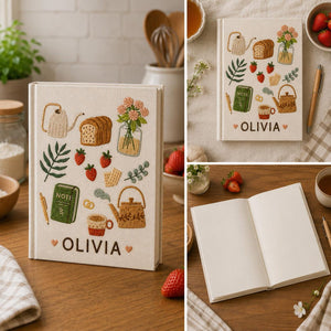 Personalized hand embroidered recipe book featuring cottage kitchen motifs, strawberries, teapot, herbs, lemons, avocado, olive oil and fresh cooking ingredients on linen cover.