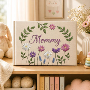 Personalized floral wreath hand embroidered linen notebook with botanical flowers and custom name