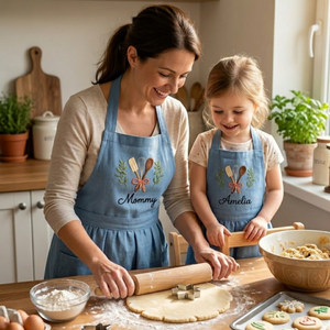 Personalized hand embroidered linen apron featuring baking tools embroidery with custom name, designed for kids who love baking, cooking, and creative kitchen activities.