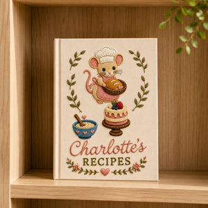 Personalized baking mouse hand embroidered recipe book with custom name and cottagecore bakery design