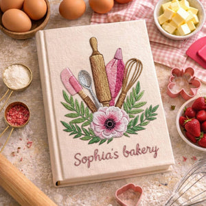 Personalized embroidered bakery recipe book handmade linen floral cookbook 4