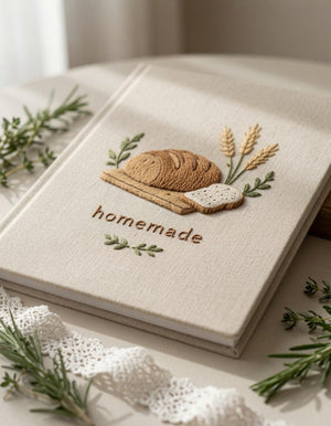 Hand embroidered recipe book featuring artisan bread loaf wheat stalks wooden board and farmhouse botanical accents on linen cover