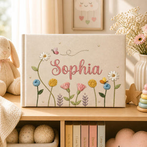 Personalized pastel wildflower hand embroidered linen notebook with butterflies colorful flowers and custom name