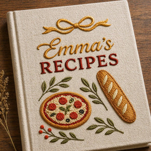 Personalized hand embroidered recipe book featuring Italian pizza, artisan bread, herb accents and rustic kitchen inspired embroidery on a linen hardcover notebook.