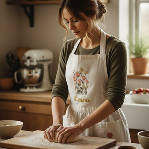 Personalized hand embroidered wildflower bouquet linen apron featuring pastel pink flowers and custom name embroidery, cottagecore floral kitchen apron gift.