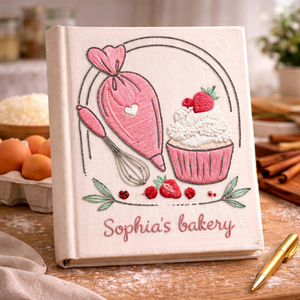 Personalized hand embroidered recipe book featuring a pink piping bag, whisk, strawberry cupcake and bakery-themed embroidery on a linen cover.