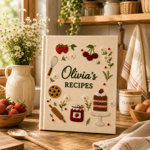 Personalized strawberry bakery hand embroidered recipe book featuring strawberries jam cupcakes layered cakes cookies and floral embroidery