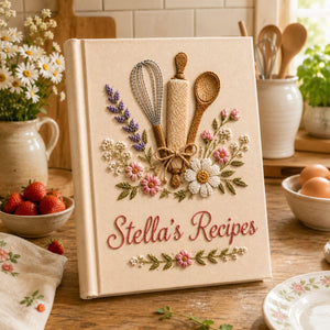 Personalized floral baking hand embroidered recipe book with whisk rolling pin wooden spoon and wildflower embroidery on linen cover
