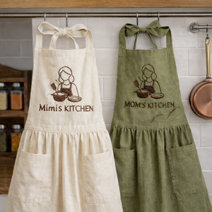 Personalized Mom's Kitchen hand embroidered linen apron featuring kitchen-inspired embroidery design, cooking apron for women, baking apron, farmhouse kitchen gift.
