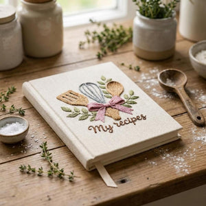 Hand embroidered recipe book featuring whisk, wooden spoon, spatula, pink ribbon and leafy branches on linen cover.