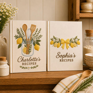 Personalized lemon blossom hand embroidered recipe book featuring lemons, lemon slices, white flowers, greenery, and decorative bow embroidery on linen cover