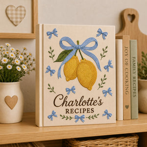 Personalized lemon hand embroidered recipe book with blue bow and custom family recipe title