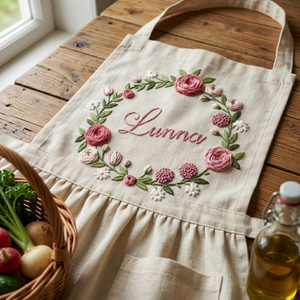 Personalized hand embroidered apron featuring floral wreath embroidery with custom name surrounded by pink roses and botanical accents.