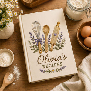 Personalized hand embroidered recipe book featuring lavender baking utensils embroidery with whisk spoon and rolling pin on linen cover