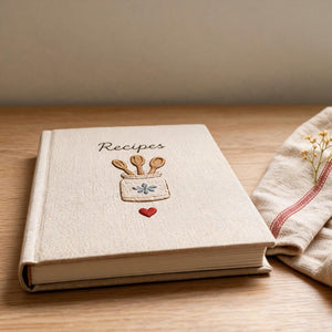 Hand embroidered recipe book featuring rustic utensil holder with wooden spoons and farmhouse kitchen embroidery on linen cover