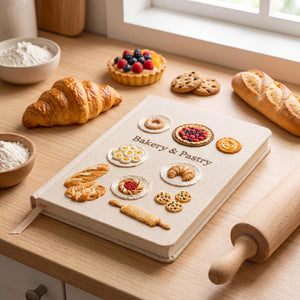 Hand embroidered bakery recipe book featuring artisan breads, pastries, fruit tart, cookies, croissant and rolling pin on linen cover.