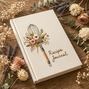 Hand embroidered recipe book featuring a vintage whisk decorated with wildflowers, wheat stems and botanical cottagecore details on a linen hardcover notebook.