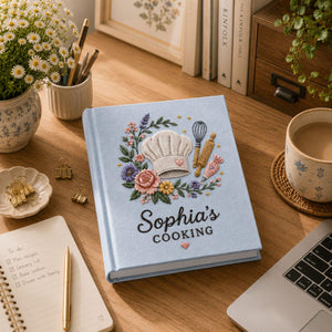 Personalized baker's garden hand embroidered recipe book featuring chef hat whisk rolling pin piping bag and floral embroidery on linen cover