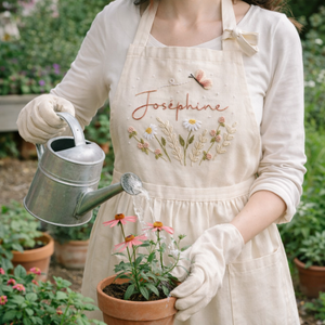 Personalized hand embroidered linen apron featuring wildflowers, daisy flowers, botanical foliage, butterfly embroidery, and custom name personalization on green linen fabric.