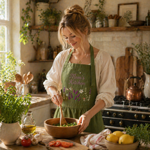 Personalized hand embroidered wildflower linen apron featuring lavender, meadow flowers and wheat botanical embroidery, custom kitchen apron for cooking baking gardening and floral gifts.