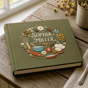 Personalized cottage garden hand embroidered recipe book featuring floral wreath, whisk, mixing bowl, rolling pin, chef hat, and farmhouse kitchen embroidery on linen cover