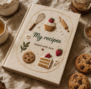Hand embroidered recipe book featuring strawberries, cupcakes, cakes, cookies, whisks and baking tools on a linen cover.