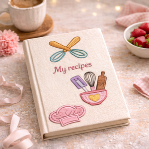 Personalized hand embroidered recipe book featuring a pastel dessert workshop theme with stand mixer, mixing bowls, cupcakes, macarons, oven mitts, and baking accessories.