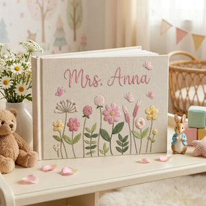 Personalized wildflower garden hand embroidered linen notebook with butterflies and custom name