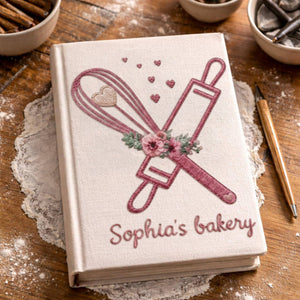 Personalized embroidered floral bakery recipe book handmade linen cookbook, Ver 1