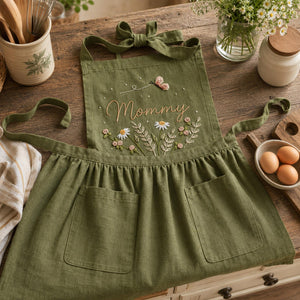 Personalized hand embroidered linen apron featuring wildflowers, daisies, botanical foliage, butterfly embroidery, and custom name embroidery on green linen fabric.