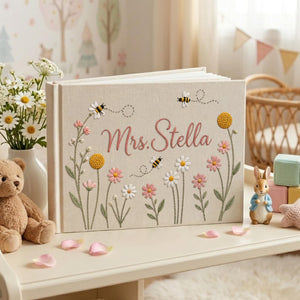 Personalized daisy bee garden hand embroidered linen notebook with floral embroidery and custom name