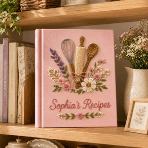 Personalized floral baking hand embroidered recipe book with whisk rolling pin wooden spoon and wildflower embroidery on linen cover