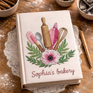 Personalized embroidered bakery recipe book handmade linen floral cookbook 5