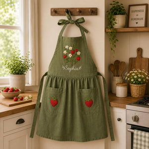 Personalized hand embroidered strawberry garden linen apron featuring strawberries, white flowers, botanical vines and custom text, cottagecore kitchen apron gift.