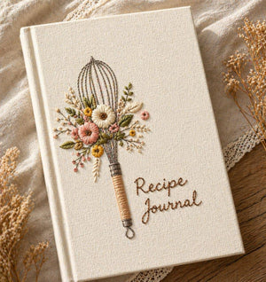 Hand embroidered recipe book featuring a vintage whisk decorated with wildflowers, wheat stems and botanical cottagecore details on a linen hardcover notebook.