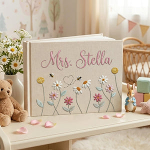 Personalized daisy bee hand embroidered linen notebook with floral meadow and custom name